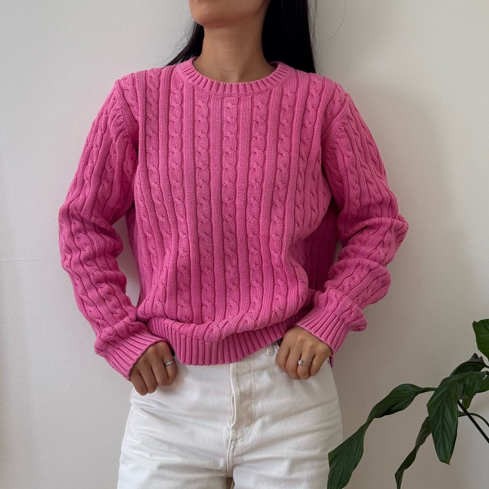LL Bean 100% Cotton Cable Knit Hot Pink Sweater Preppy Cottagecore Size Large